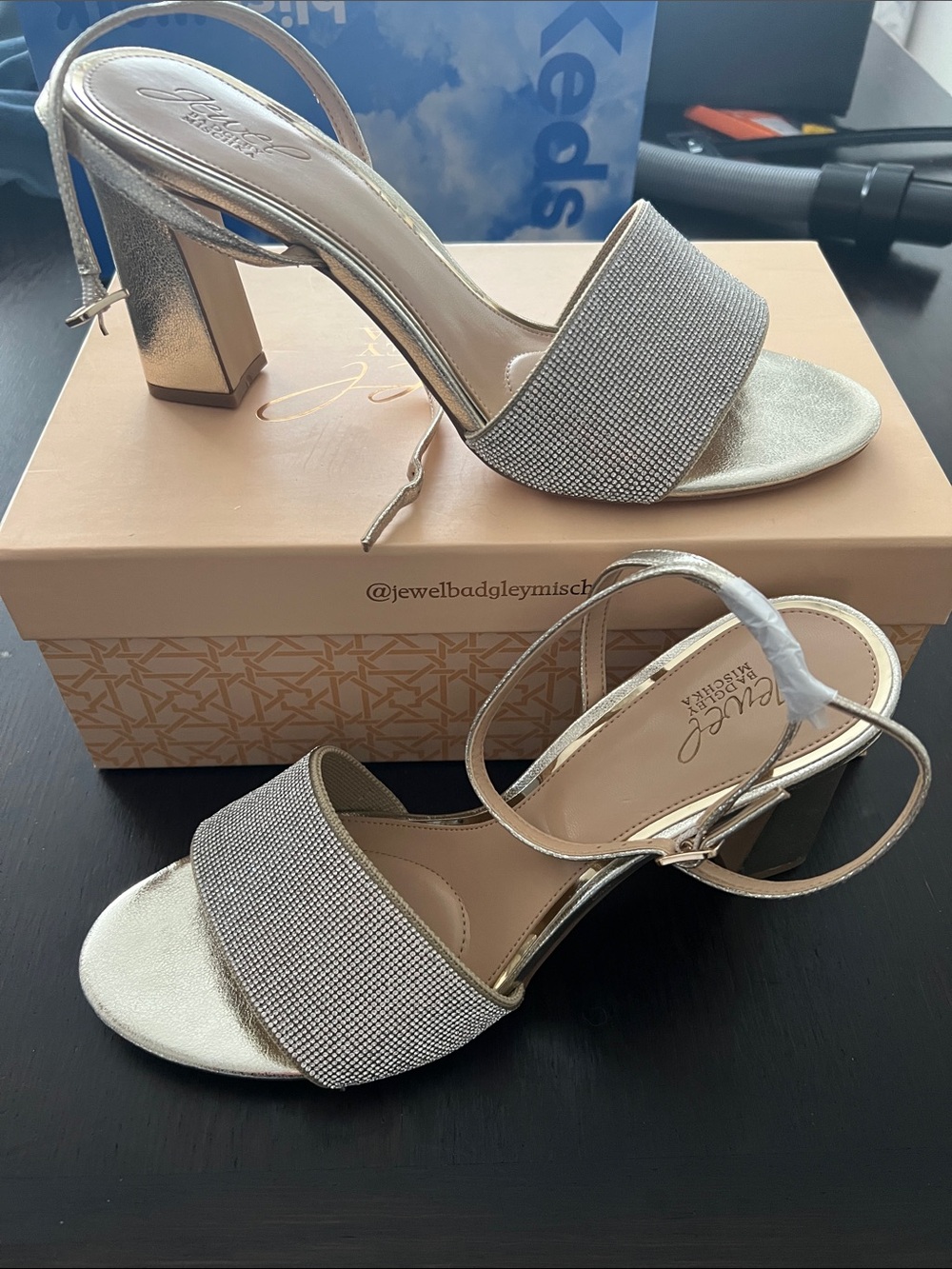 Jewel Badgley Mischka Gold Rhinestone Block Heel Sandals